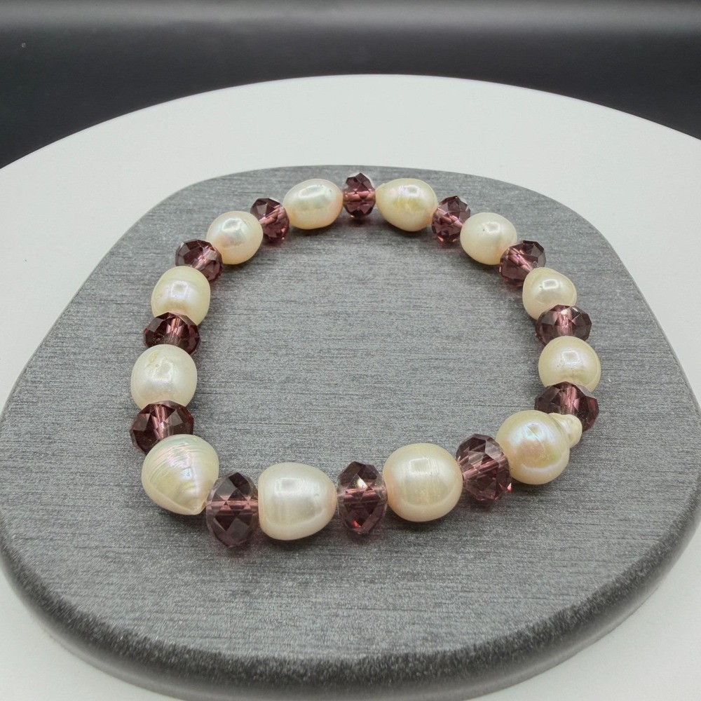 Baroque Pearl Purple Crystal Beaded Stretch Bracelet Women's Statement Jewelry